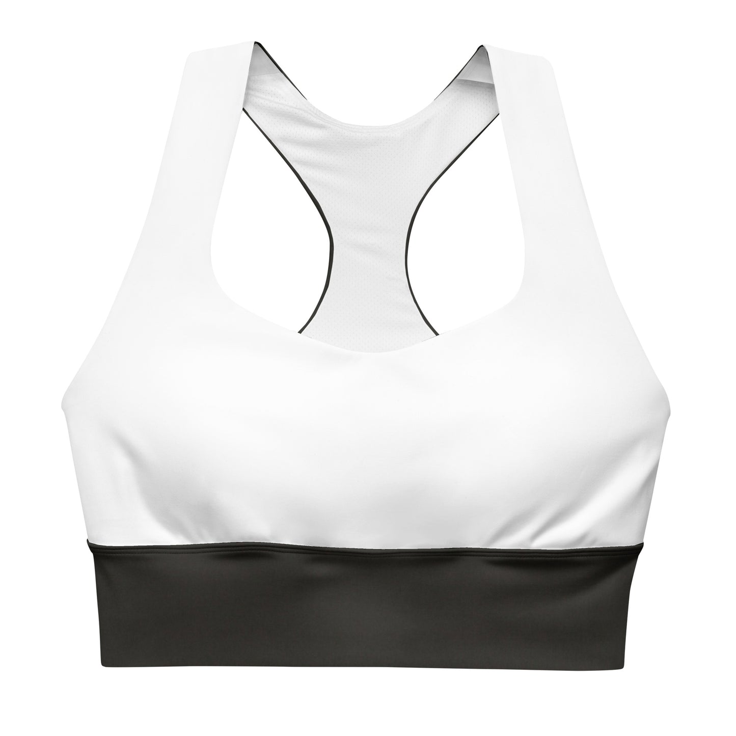 White and black sports bra performance activewear. Compression fabric with sports mesh lining.