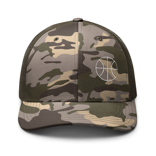 Basketball Edition tan camouflage trucker hat with structured cotton front and breathable mesh back — Our Game collection