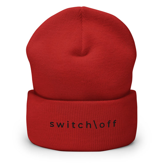 100% hypoallergenic Turbo acrylic cuffed beanie in red with black switch\off embroidery - An Athlete Trains recovery gear.
