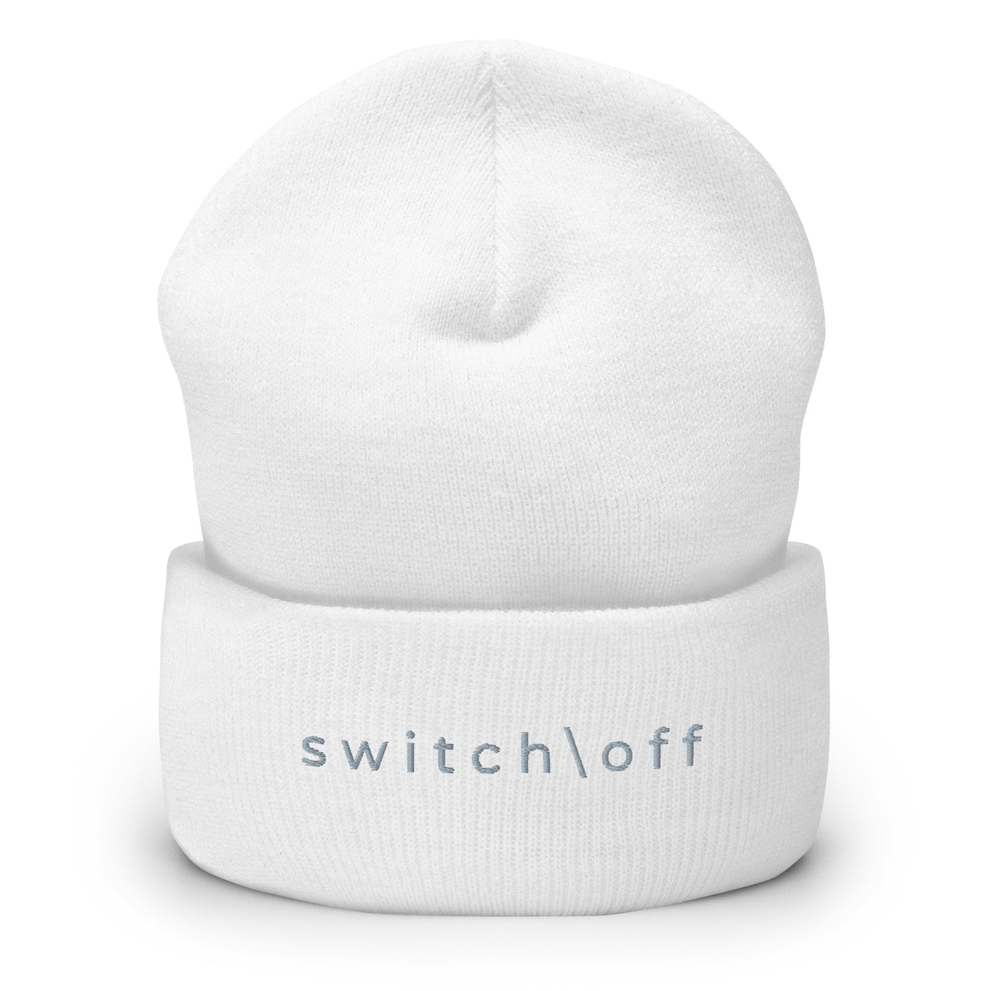 100% hypoallergenic Turbo acrylic cuffed beanie in white with gray switch\off embroidery - An Athlete Trains recovery gear.