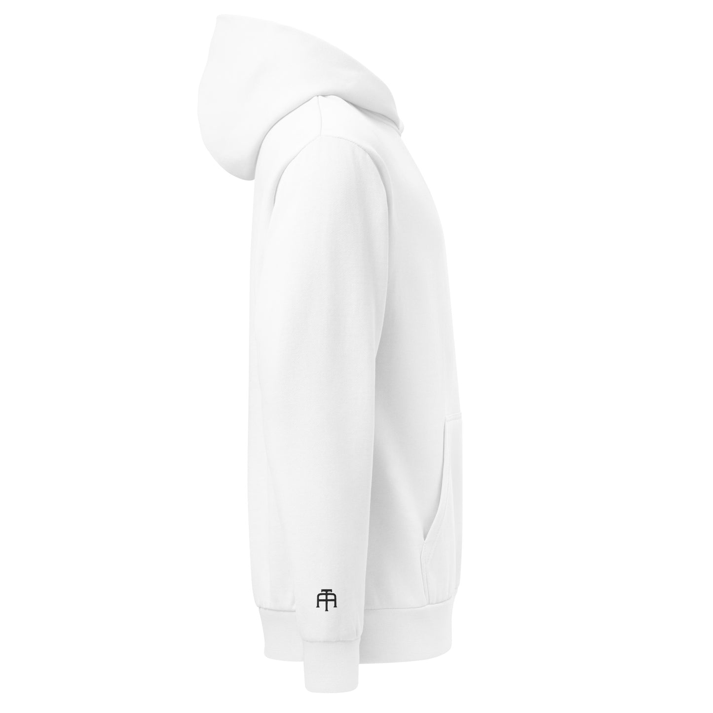 Oversized heavyweight 10 oz hoodie in white with black embroidery - An Athlete Trains. Side view