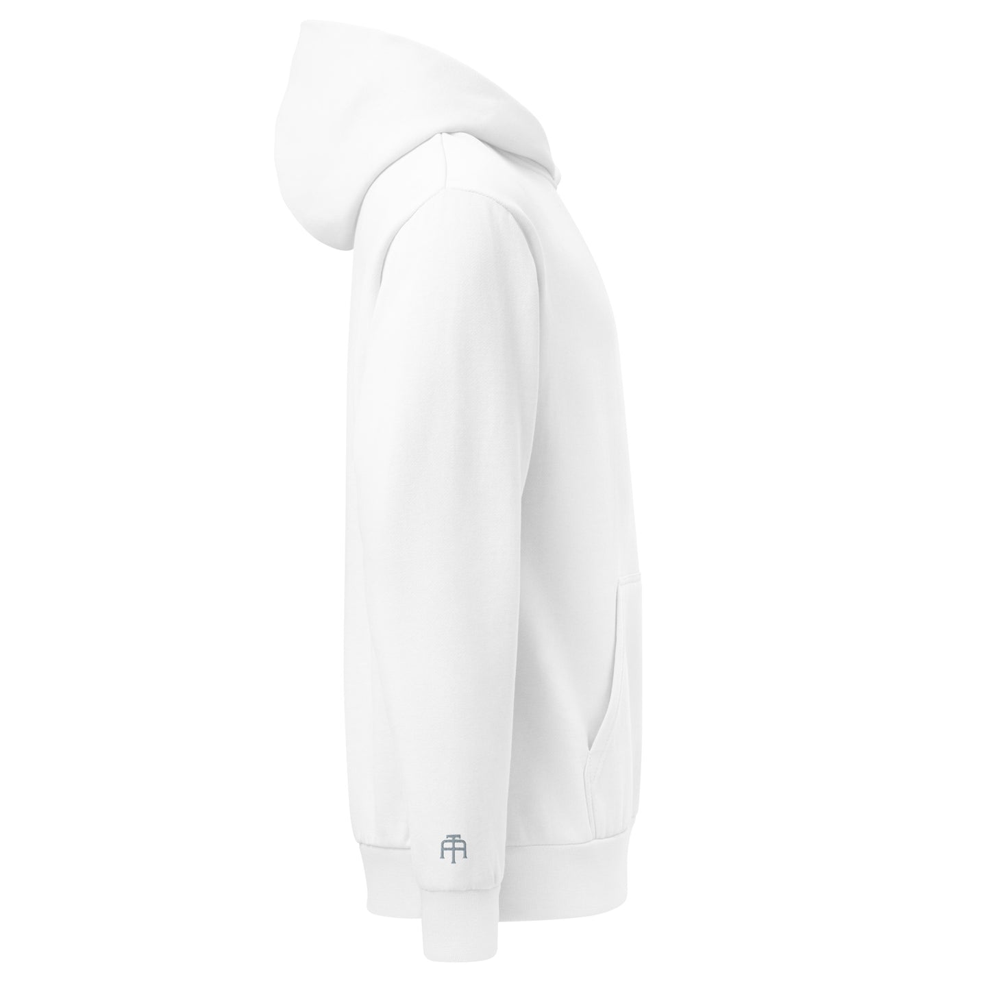 Oversized heavyweight 10 oz hoodie in white with gray embroidery - An Athlete Trains. Side view