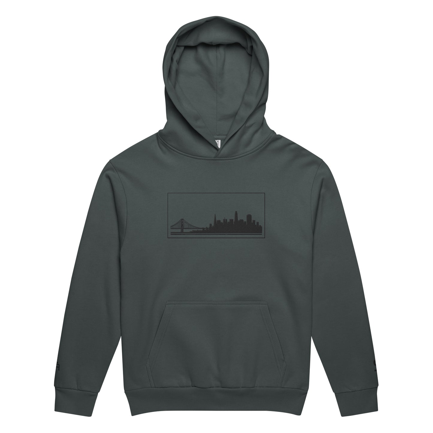 Midnight Navy color San Francisco Edition heavyweight urban hoodie with 10oz fleece and embroidered Golden Gate skyline | Our City | An Athlete Trains