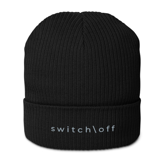 Organic cuffed ribbed beanie in black with gray switch\off embroidery - An Athlete Trains recovery gear.
