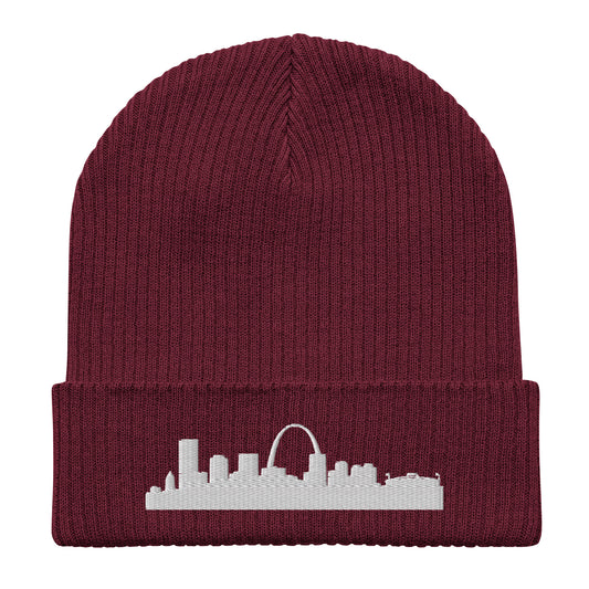 St. Louis Edition Organic Ribbed Beanie in burgundy with premium white embroidery | Our City | An Athlete Trains