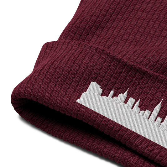 New York Edition Organic Ribbed Beanie in burgundy with premium white embroidery | Our City | An Athlete Trains