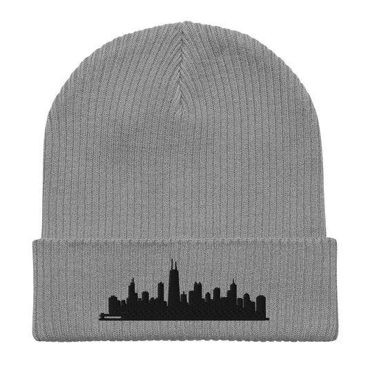 Chicago Edition Organic Ribbed Beanie in gray with premium black embroidery | Our City | An Athlete Trains