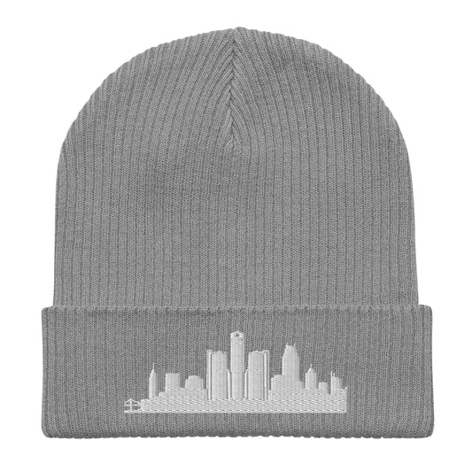 Detroit Edition Organic Ribbed Beanie in gray with premium white embroidery | Our City | An Athlete Trains