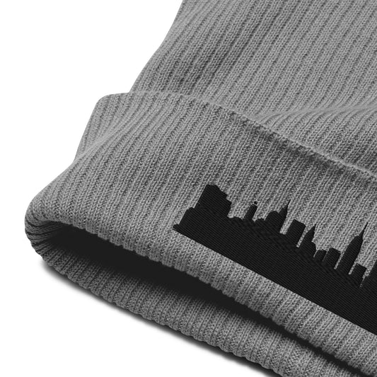 New York Edition Organic Ribbed Beanie in gray with premium black embroidery | Our City | An Athlete Trains