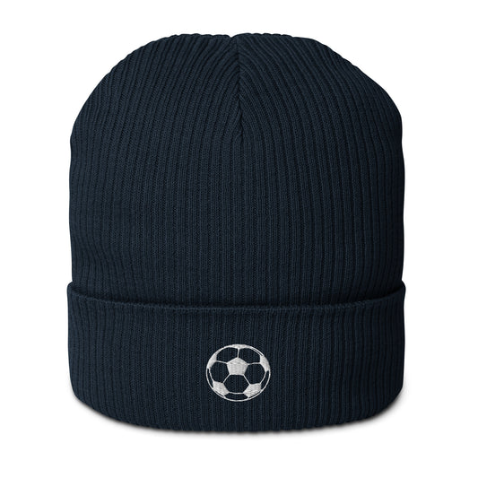 Soccer Edition organic ribbed beanie in navy made from 100% natural cotton — Our Game collection by An Athlete Trains
