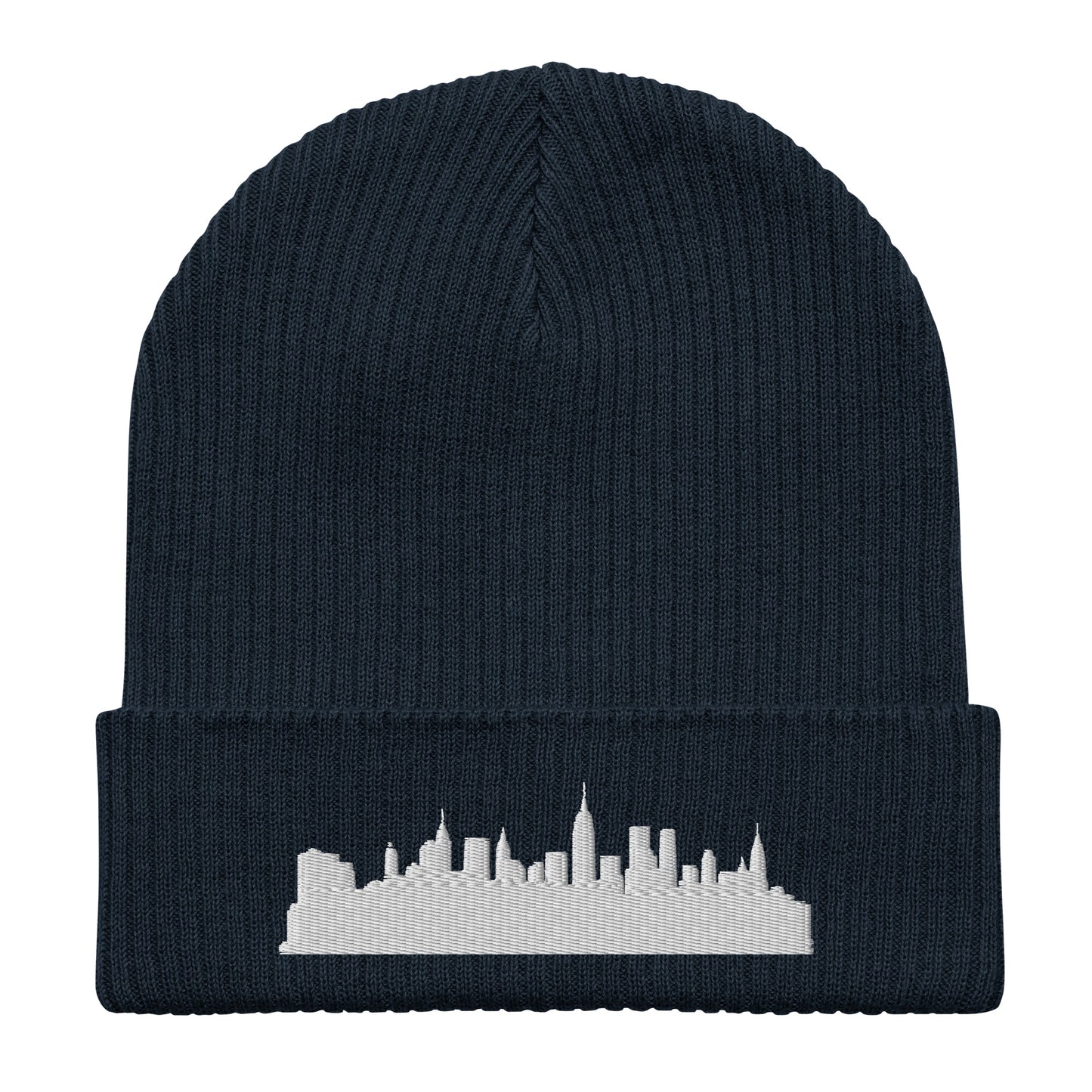 New York Edition Organic Ribbed Beanie in navy with premium white embroidery | Our City | An Athlete Trains