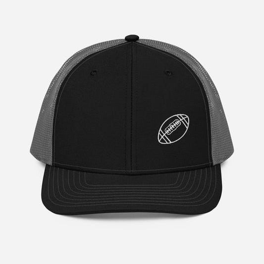 Football Edition trucker cap in black and charcoal with structured front and breathable mesh back | Our Game | An Athlete Trains