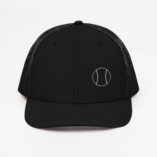 Tennis Edition trucker cap in black with structured front and breathable mesh back — Our Game collection by An Athlete Trains