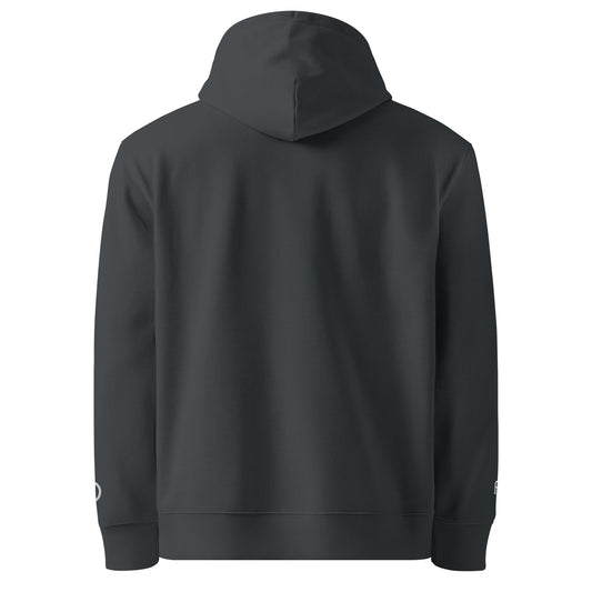 Sustainable organic cotton premium 10 oz hoodie in India ink gray with white switch\off and logo embroidery - An Athlete Trains.