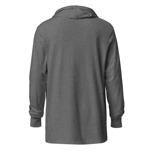 Lightweight Hooded Long sleeve cotton shirt in gray with black embroidery - An Athlete Trains. Back view