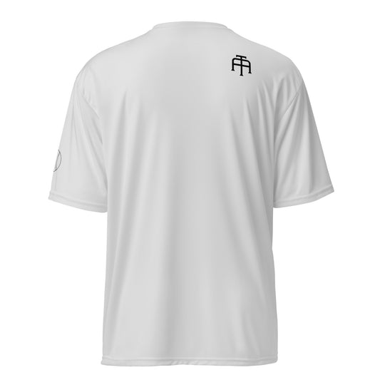 Unisex 4 oz performance crew neck in silver with black SWITCH/ON and logo - snag-resistant and moisture-wicking training shirt - tennis edition