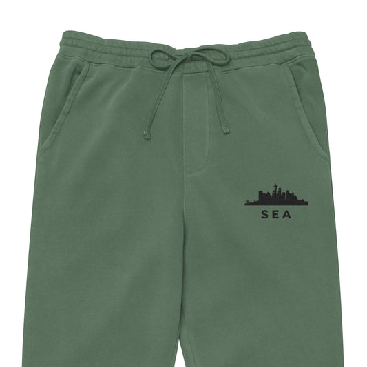 Seattle Our City pigment-dyed sweatpants in alpine green with a relaxed fit and embroidered Seattle detail—PNW athletic lifestyle wear