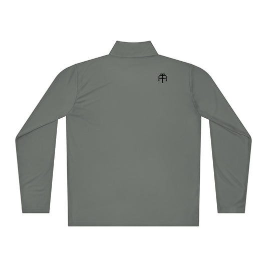 SWITCH/ON, unisex, quarter-zip long sleeve in gray, black edition logos, moisture-wicking, odor-resistant, active-layer, training
