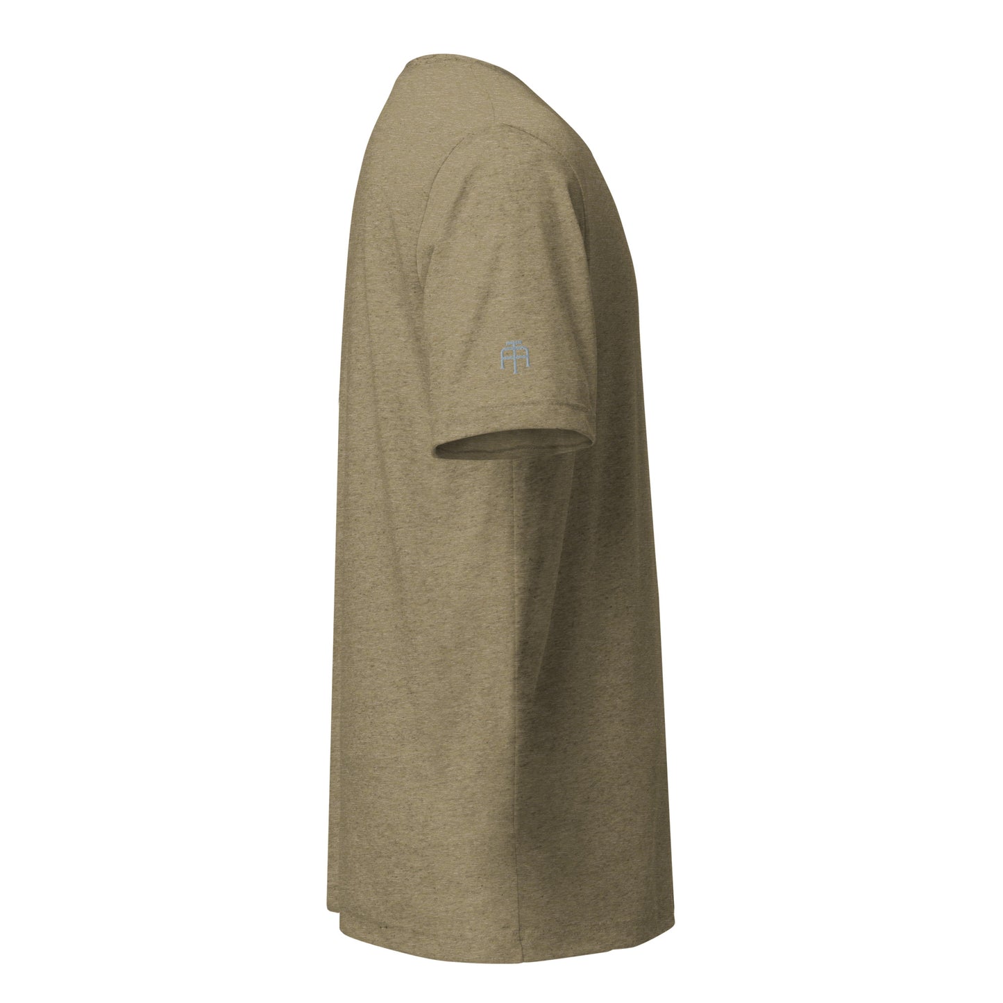 Fitted athletic tri-blend t-shirt in olive with gray logo embroidery - An Athlete Trains. Right side view