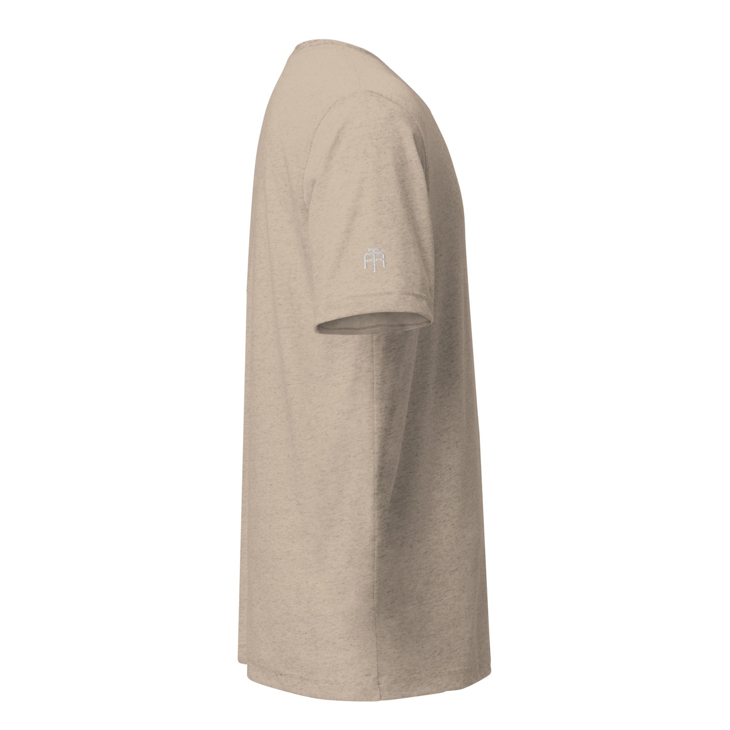 Fitted athletic tri-blend t-shirt in tan with white logo embroidery - An Athlete Trains. Right side view