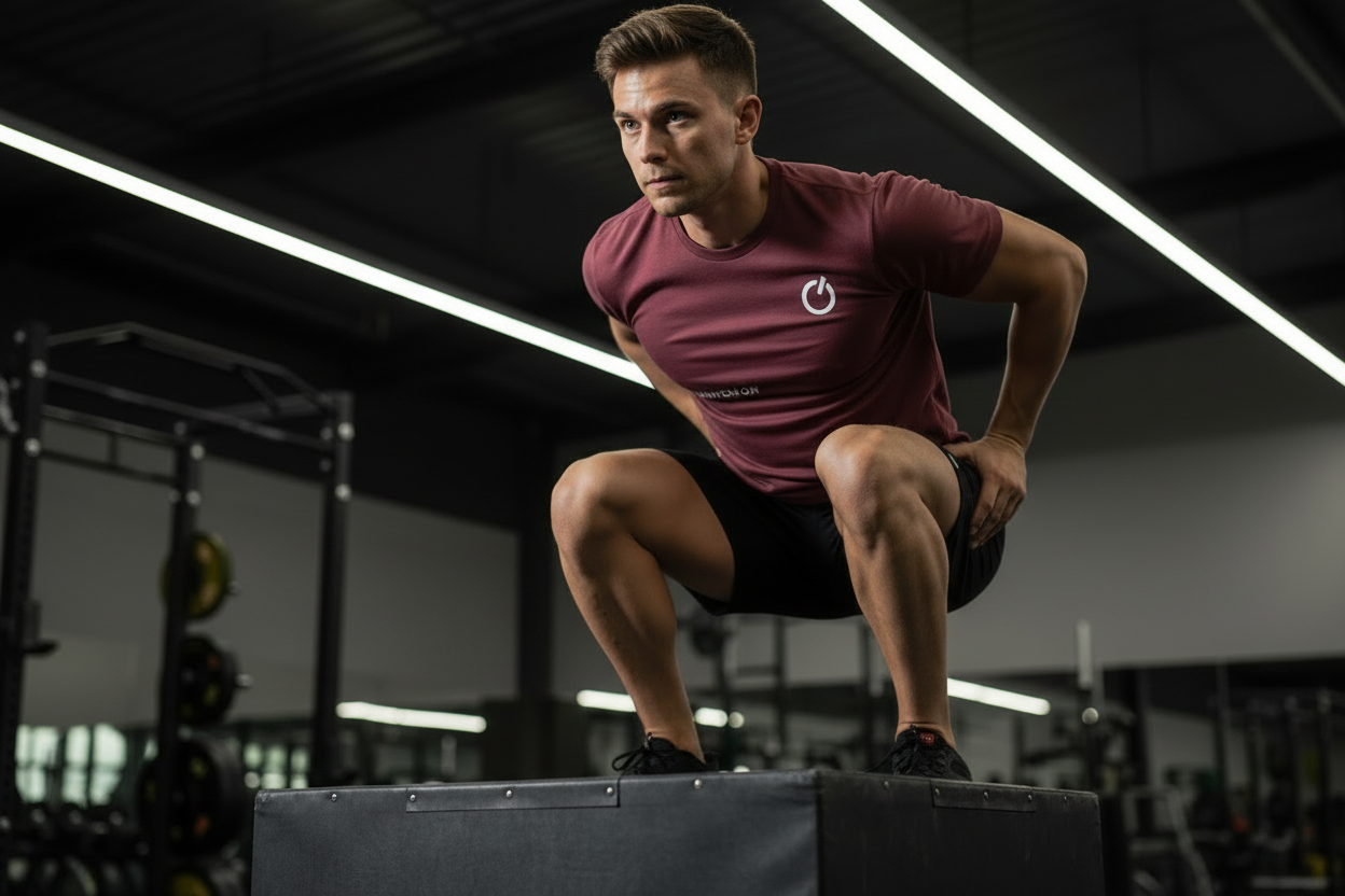 Athletes focusing on plyometrics box jumps while wearing a maroon SWITCH/ON DryBlend t-shirt | SWITCH/ON | An Athlete Trains