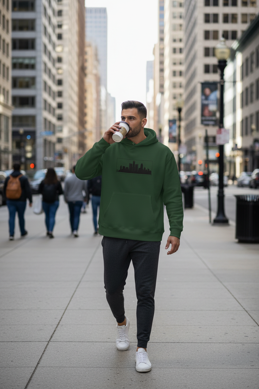 An athlete on a rest day drinks a coffee while walking a city sidewalk and wearing a Forest green Detroit Edition oversized heavyweight hoodie with dropped shoulders and embroidered Detroit skyline | Our City | An Athlete Trains