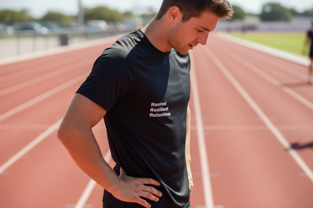 Man rests between runs on a track while wearing a Black Athletic mesh jersey featuring 'Rooted Resilient Relentless' Our Mindset branding from An Athlete Trains - breathable moisture-wicking training shirt