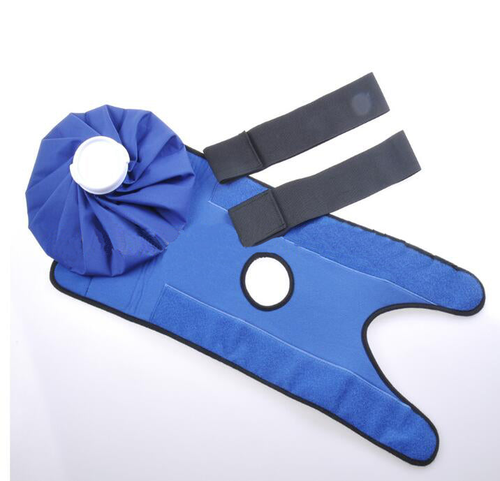 Reusable blue ice pack with straps and holder