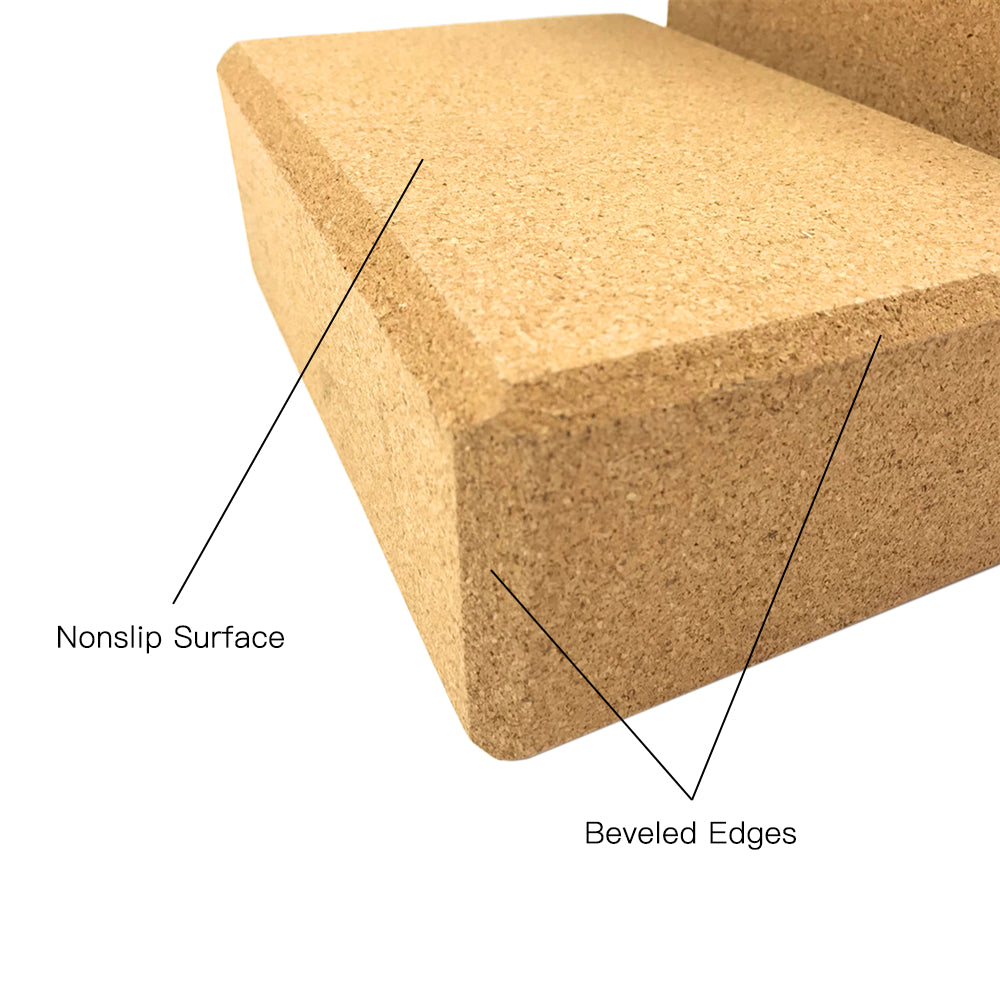 High density cork yoga block with a nonslip surface and beveled edges