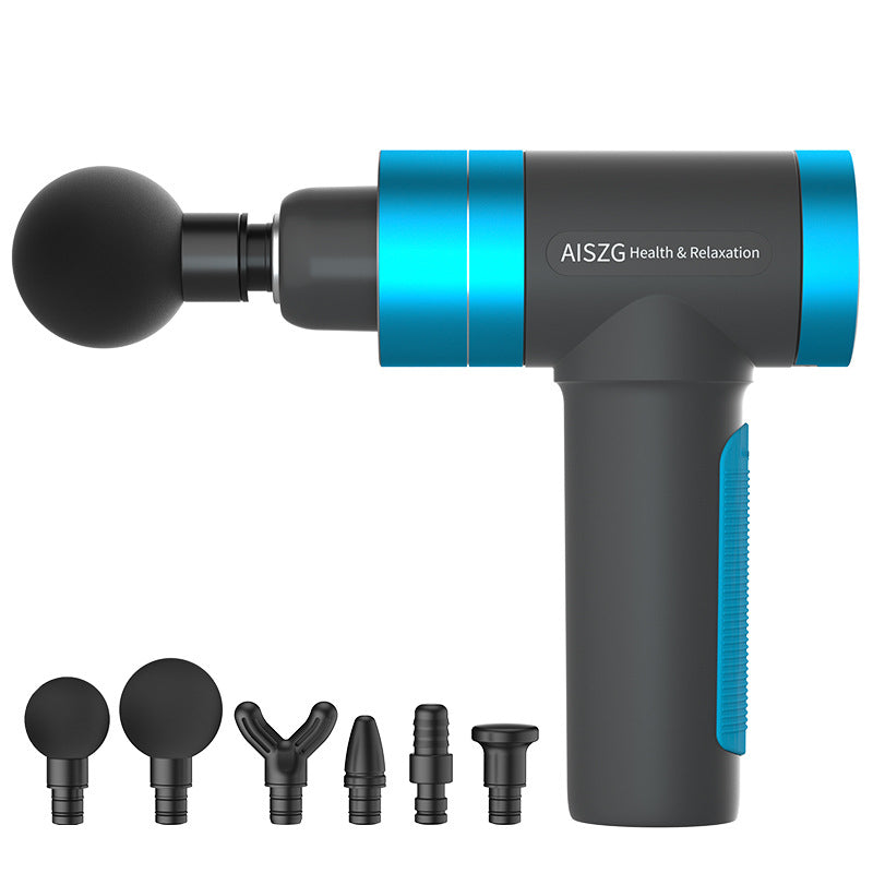 Blue massage gun with attachments for muscle recovery and maintenance. Massager