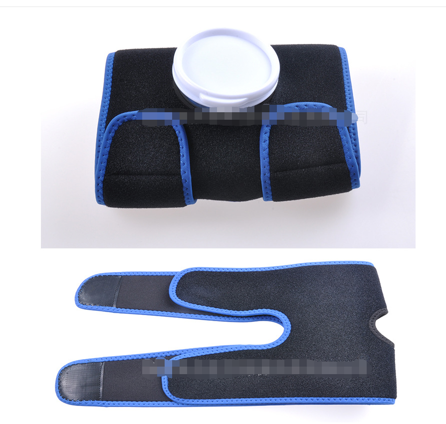 Reusable blue ice pack with straps and holder