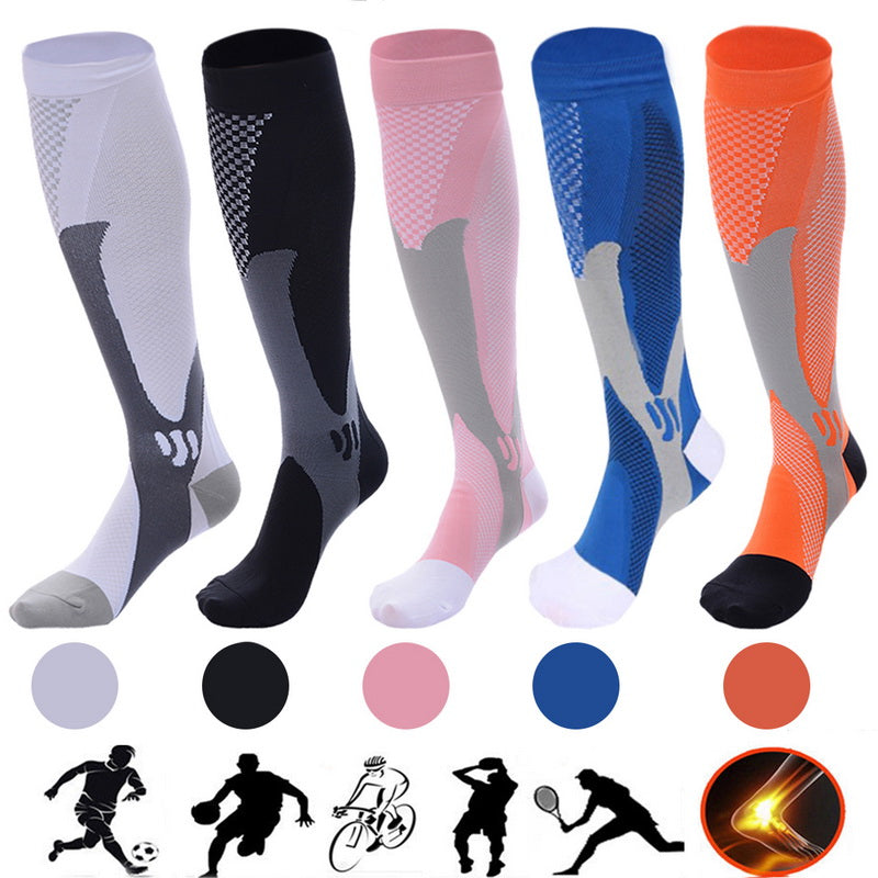 Compression socks of various colors to improve performance and aid in muscle recovery. Athletic socks 