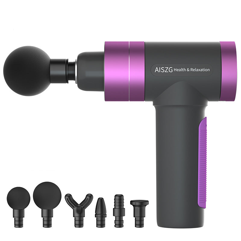 Purple massage gun with attachments for muscle recovery and maintenance. Massager