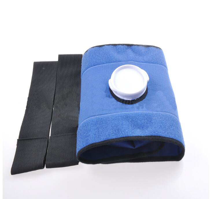 Reusable blue ice pack with straps and holder