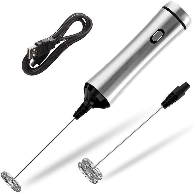 Black plastic and steel USB rechargeable Electric Handheld whisk mixer for recovery drinks and protein shakes 