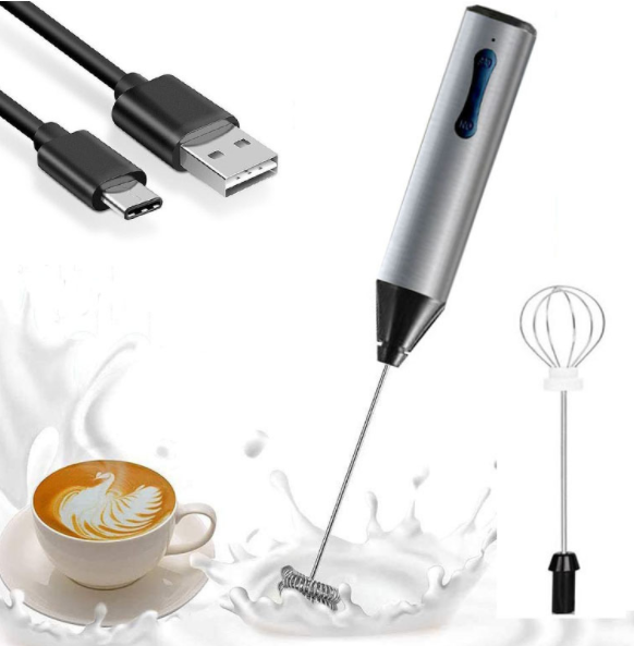 Black plastic and steel USB rechargeable Electric Handheld whisk mixer for recovery drinks and protein shakes 