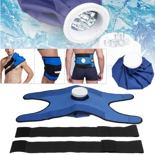 Reusable blue ice pack with straps and holder