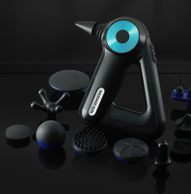 Blue Rechargeable massage gun with attachments for muscle recovery and maintenance. Massagers