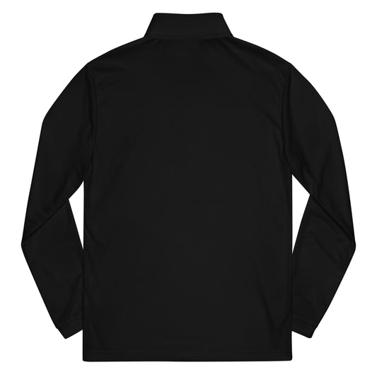 Adidas recycled performance quarter-zip in black with gray logo edition SWITCH/ON embroidery - UPF 50+ sun protection training gear.