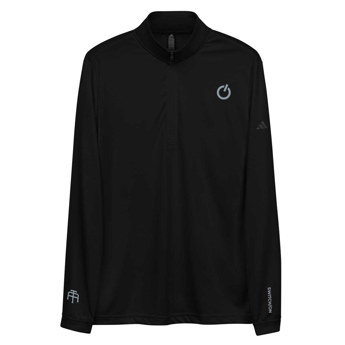 Adidas recycled performance quarter-zip in black with gray logo edition SWITCH/ON embroidery - UPF 50+ sun protection training gear.