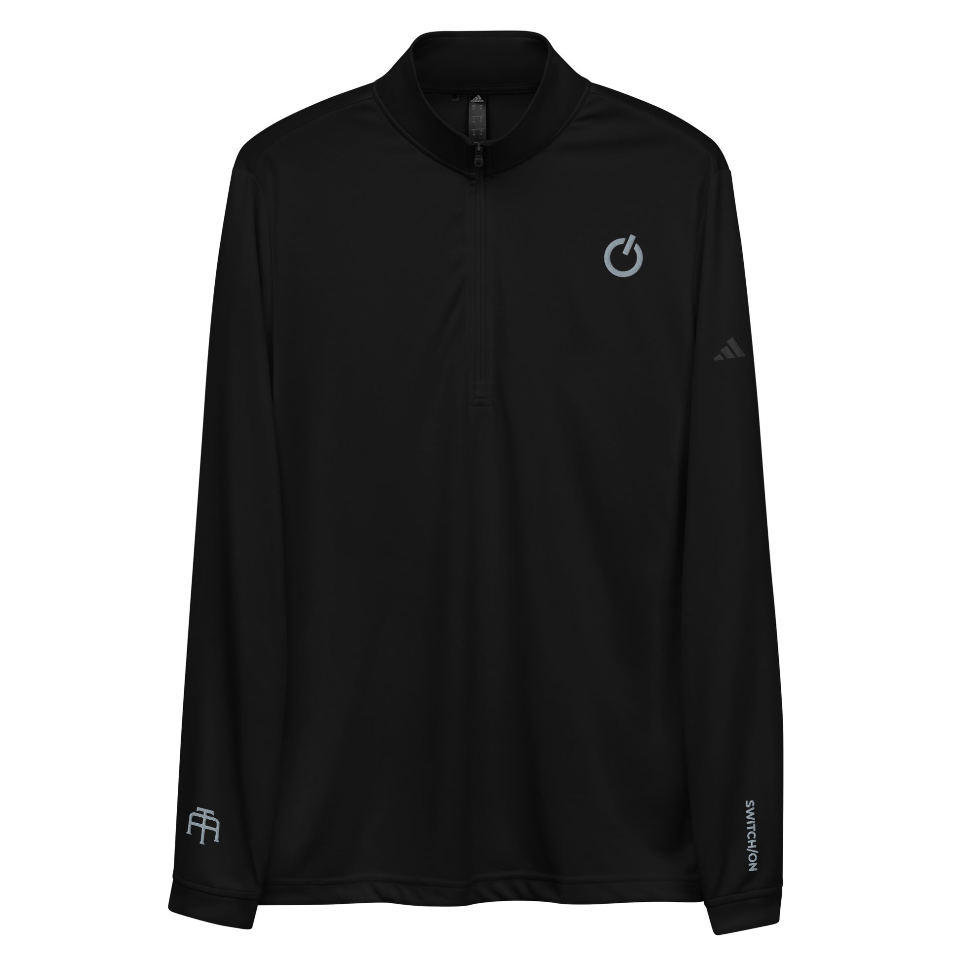 Adidas recycled performance quarter-zip in black with gray logo edition SWITCH/ON embroidery - UPF 50+ sun protection training gear.