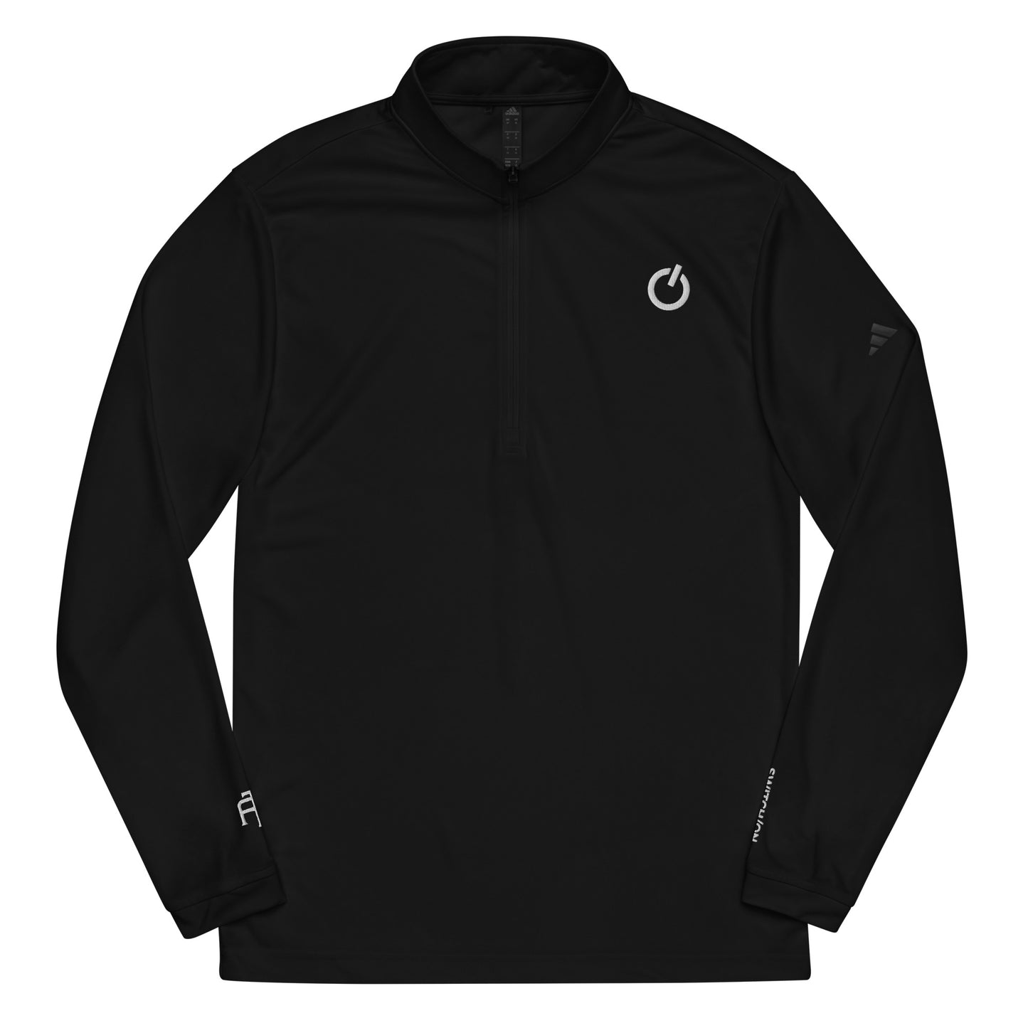 Adidas recycled performance quarter-zip in black with white logo edition SWITCH/ON embroidery - UPF 50+ sun protection training gear.