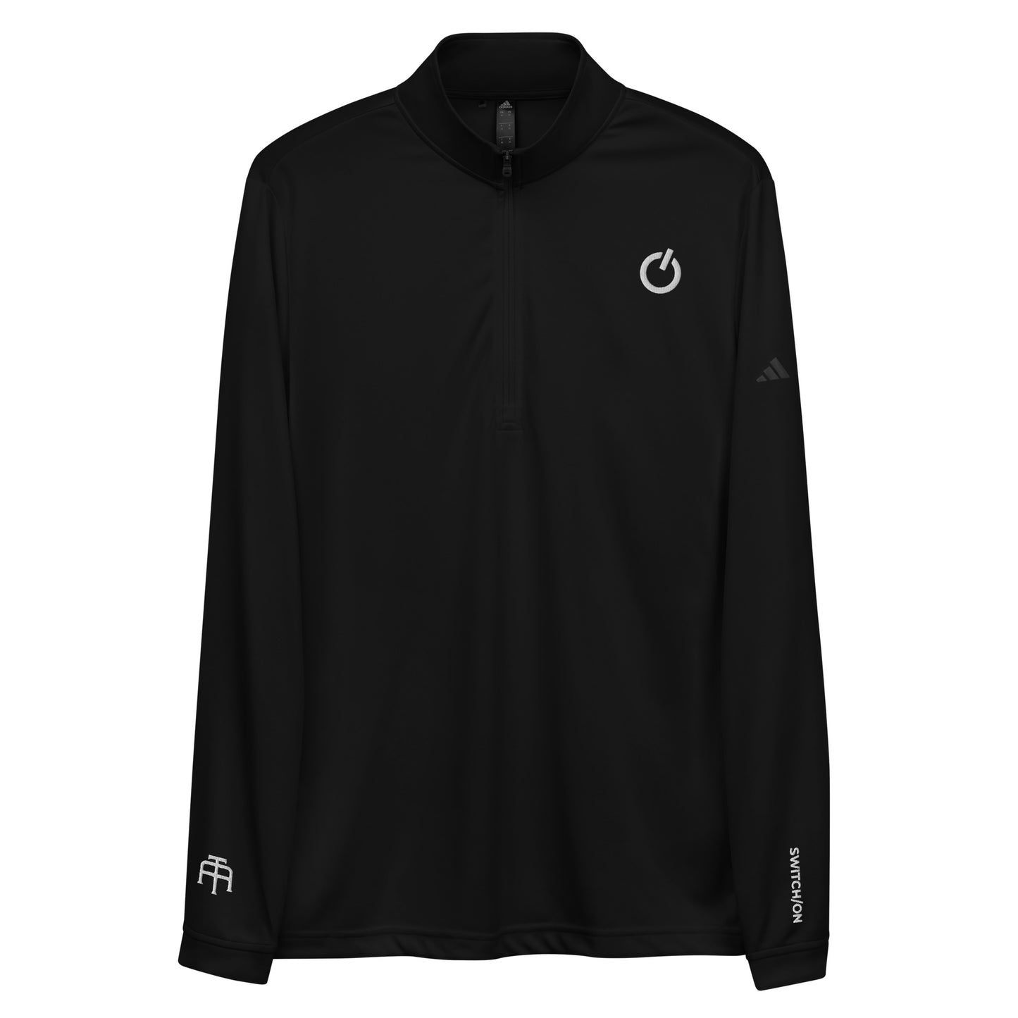 Adidas recycled performance quarter-zip in black with white logo edition SWITCH/ON embroidery - UPF 50+ sun protection training gear.