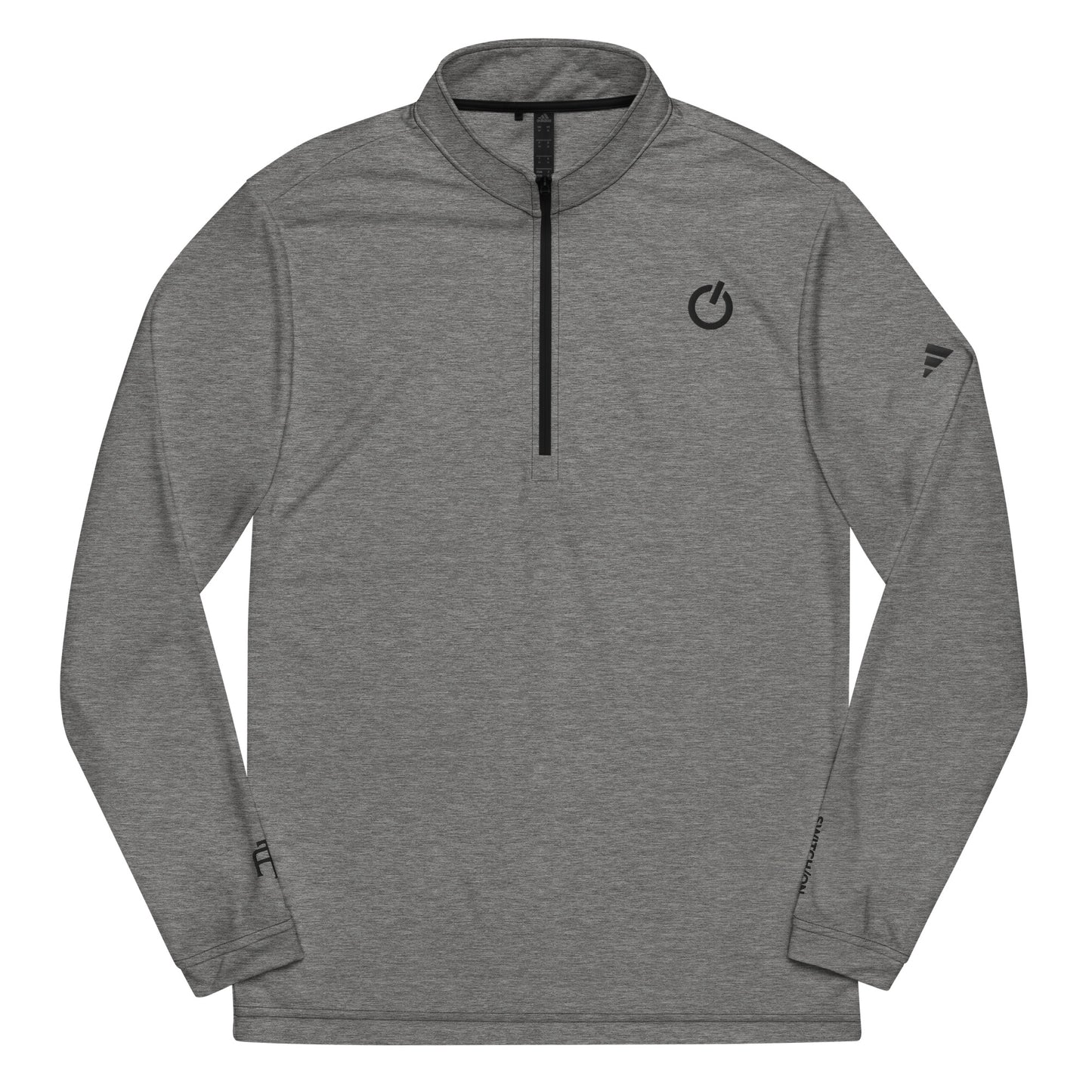 Adidas recycled performance quarter-zip in heather gray with black logo edition SWITCH/ON embroidery - UPF 50+ sun protection training gear.
