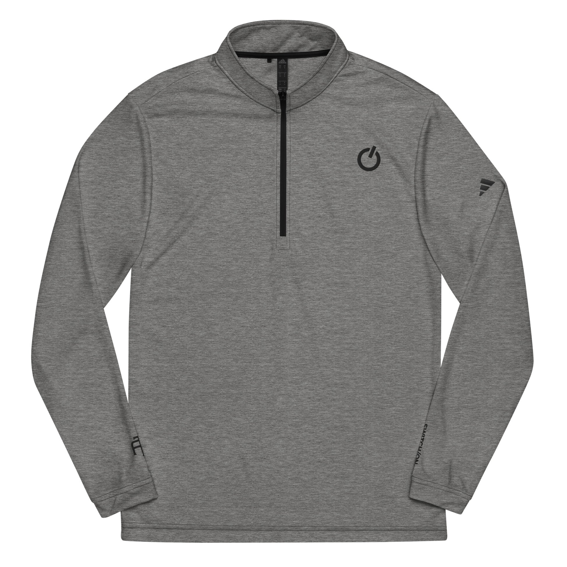 Adidas recycled performance quarter-zip in heather gray with black logo edition SWITCH/ON embroidery - UPF 50+ sun protection training gear.