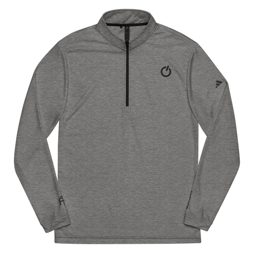 Adidas recycled performance quarter-zip in heather gray with black logo edition SWITCH/ON embroidery - UPF 50+ sun protection training gear.