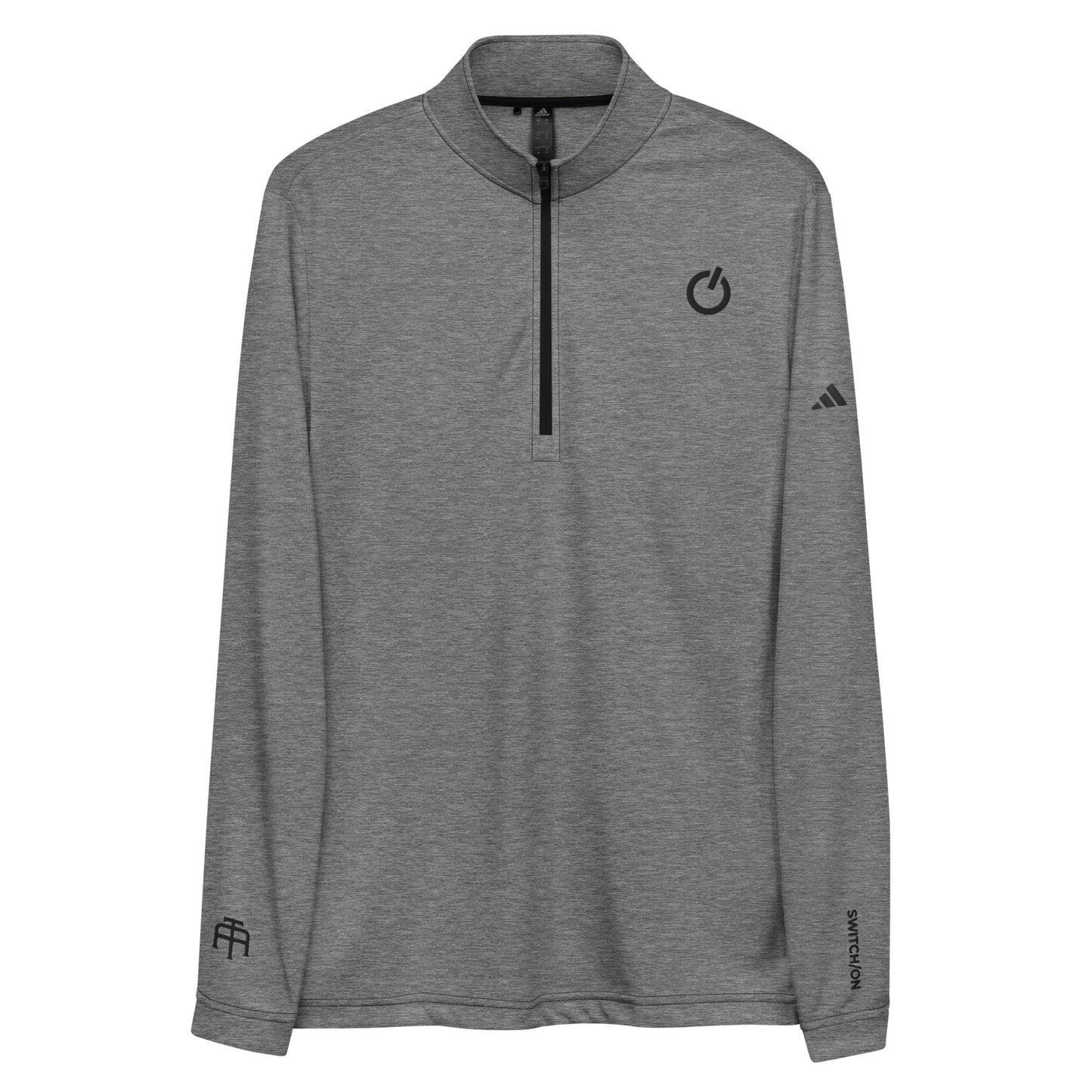 Adidas recycled performance quarter-zip in heather gray with black logo edition SWITCH/ON embroidery - UPF 50+ sun protection training gear.
