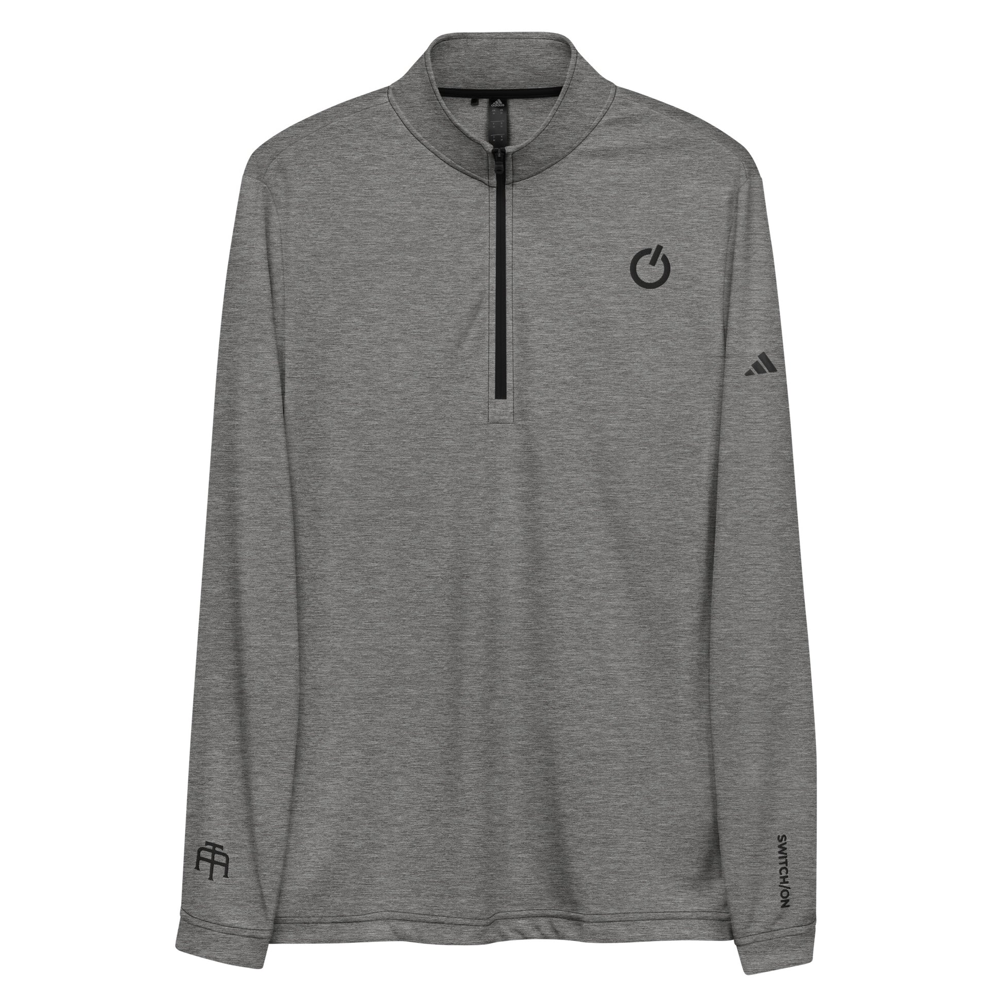 Adidas recycled performance quarter-zip in heather gray with black logo edition SWITCH/ON embroidery - UPF 50+ sun protection training gear.