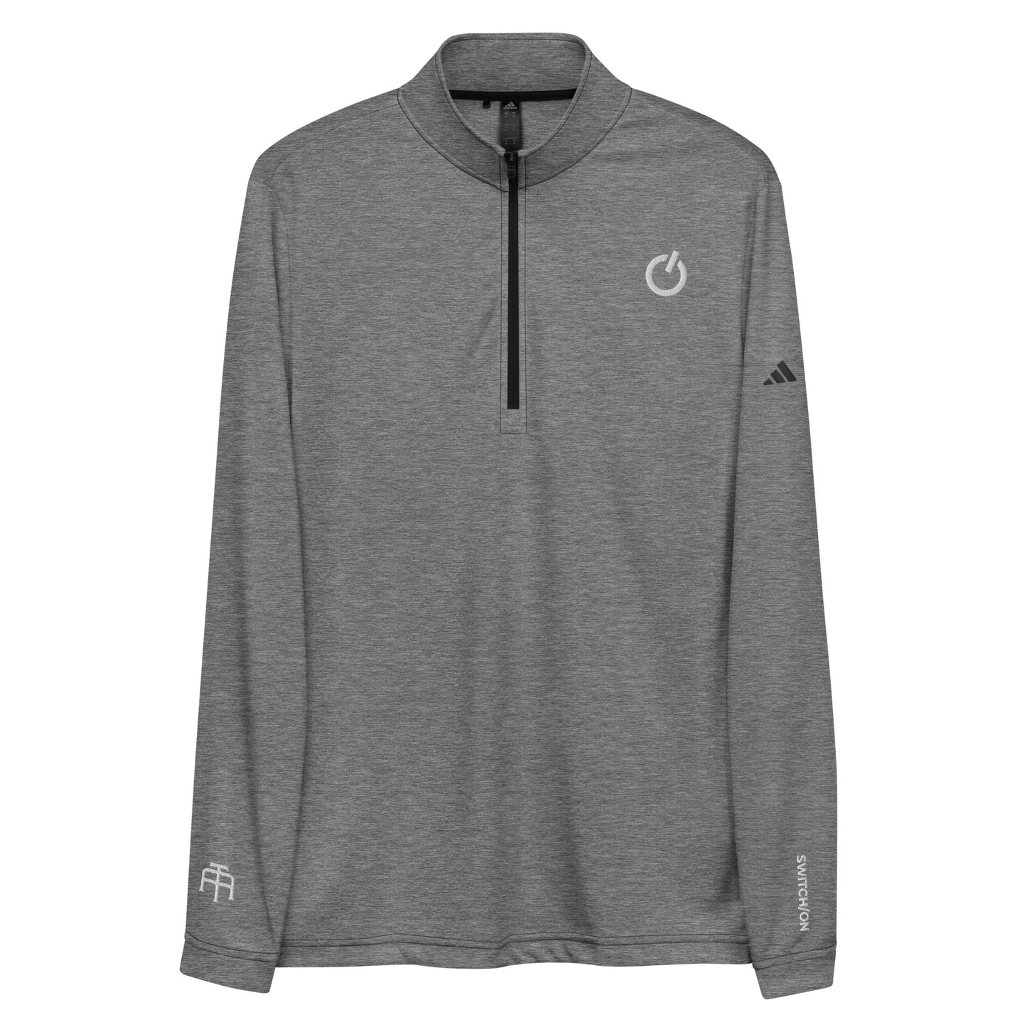 Adidas recycled performance quarter-zip in gray with white logo edition SWITCH/ON embroidery - UPF 50+ sun protection training gear.