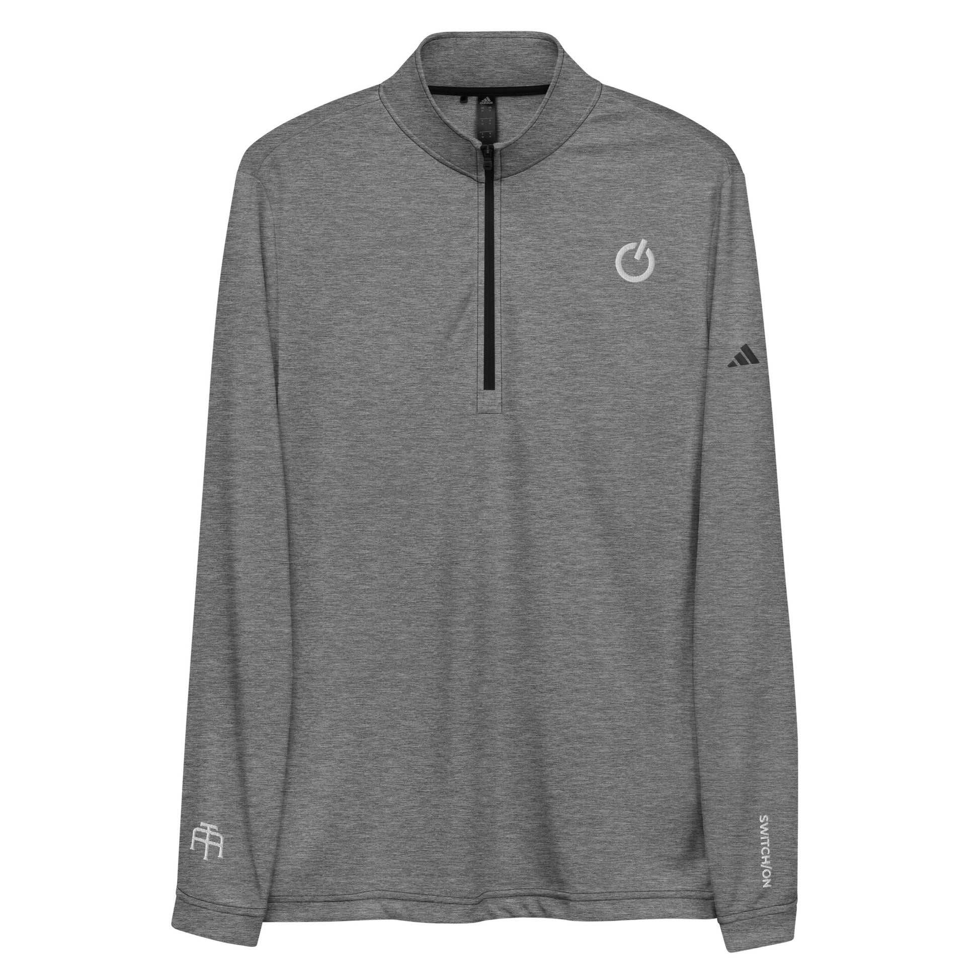 Adidas recycled performance quarter-zip in gray with white logo edition SWITCH/ON embroidery - UPF 50+ sun protection training gear.